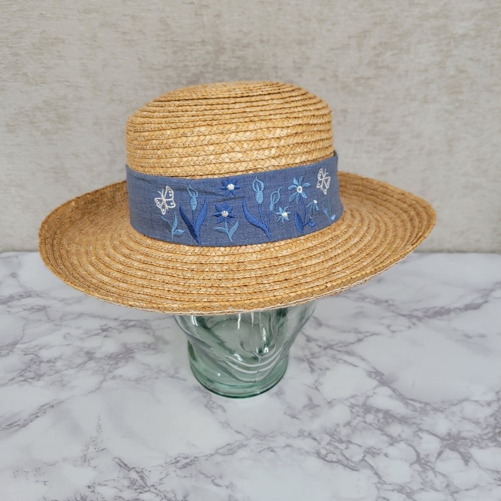 Vintage Straw Sun Hat with Blue Ribbon Bow Embroidered Flowers Cottagecore - Picture 2 of 8